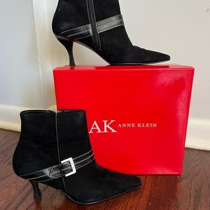 Anne Klein Black Suede Ankle Boots with Buckle